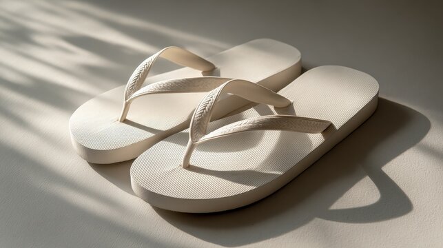Pair of off white flip flops resting on a neutral grey surface with shadows during daylight hours in a simple indoor setting