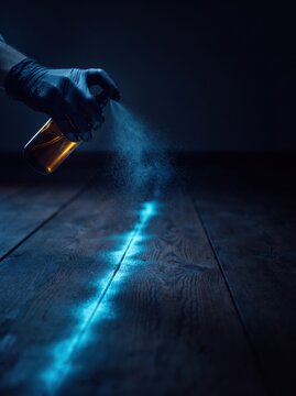 Forensic luminol spraying on wooden floor revealing glowing blood trace, crime scene investigation concept