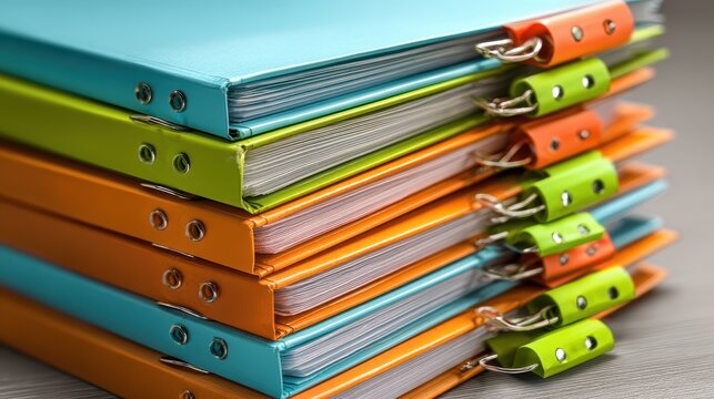 Stack of colorful folders in blue, orange, and green with clips on a flat surface in an office setting during daylight
