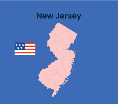 New jersey state vector map with county boundaries and american flag on blue background