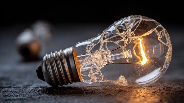 Bright illuminated lightbulb stands next to a shattered broken lightbulb on a dark surface in a quiet space