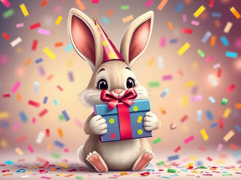 Whimsical cartoon rabbit in party hat holding gift box with colorful confetti, illustration., playful
