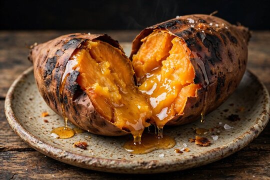Steaming Hot Roasted Cilembu Honey Sweet Potato Ubi Madu Bakar with Oozing Caramelized Honey Syrup on Rustic Plate