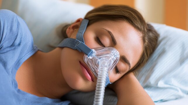 Woman wearing a sleep apnea oxygen mask resting in bed during nighttime while managing her health condition