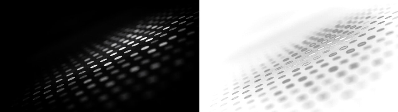 Abstract background with a perspective grid of glowing white dots on a black and white surface, creating a sense of depth and digital connectivity isolated on transparent background