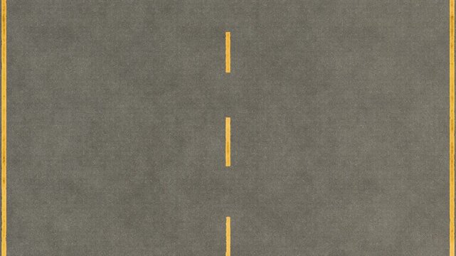 Seamless looped asphalt road texture with yellow lines, 3D rendering.
