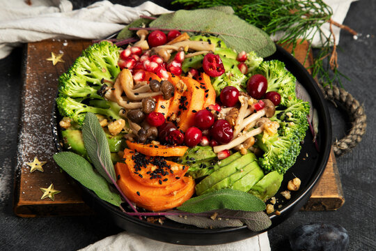 Vegan Family Christmas dinner or lunch. Healthy, clean eating concept.