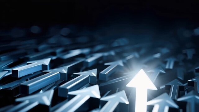 A single glowing white arrow leads a relentless surge of metallic arrows forward, symbolizing progress, ambition. ..Created with Generative AI, not depicting real subjects.