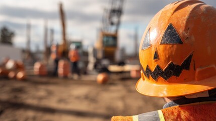 Obraz premium Bright Halloween themed construction site with workers wearing a pumpkin helmet during the day