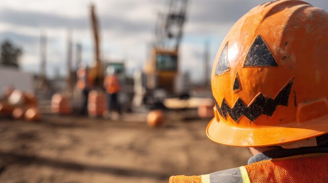 Bright Halloween themed construction site with workers wearing a pumpkin helmet during the day