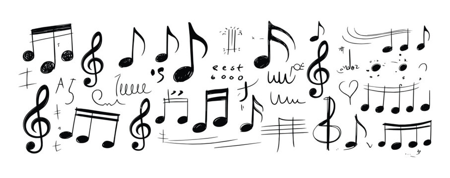 Hand-drawn collection of black music notes, treble clefs, staff lines, and musical symbols on a white background, featuring scribbled textures and various rhythmic notations