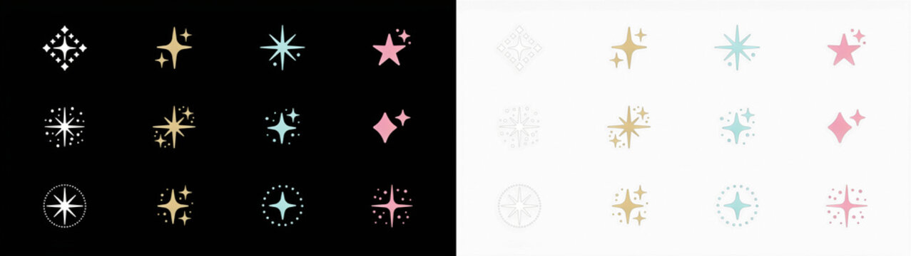 Set of hand drawn sparkle stars, glitter icons, glowing light effects, and twinkling star shapes in various styles for design elements isolated on transparent background