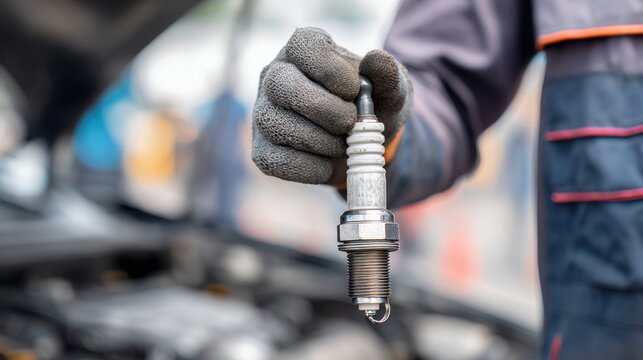 Faceless mechanic worker holds faulty oxygen sensor during vehicle inspection at auto repair shop in daytime