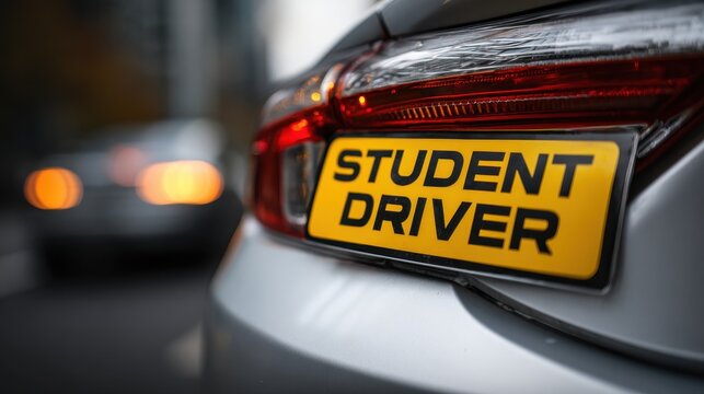 Close up view of a yellow student driver sign on a vehicle at a busy street during a driving lesson in the city