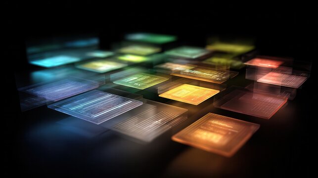 Abstract wide format digital document management interface with colorful elements displayed in a dark setting
