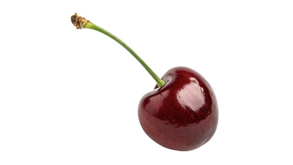 Single fresh red cherry berry with green stem isolated on transparent background © Brooks