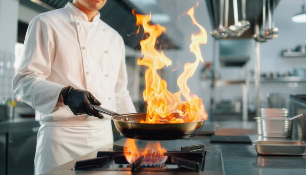 A professional chef in a white jacket flamb&eacute;s food in a busy commercial kitchen, tossing a flaming pan over a gas stove to create dramatic flames and dynamic culinary action.