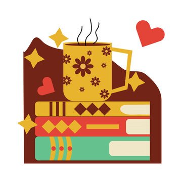 Cozy vector illustration of a floral pattern coffee mug sitting on a stack of colorful books