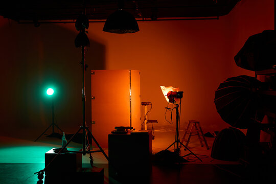 Modern LED studio lights and set for commercial video and photography use.