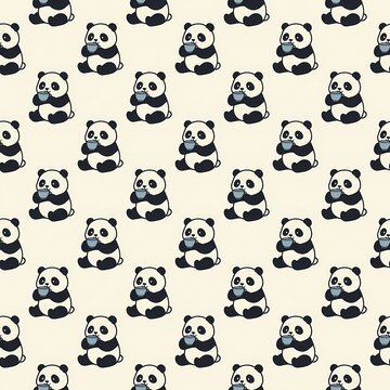 Panda bears drinking warm tea from small cups form a seamless vector pattern on a cream background.