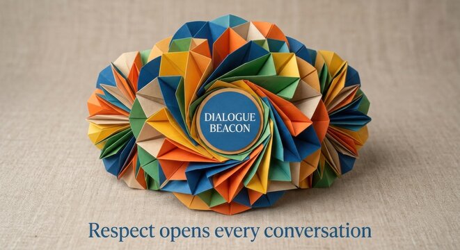 Geometric Origami Sculpture with "Dialogue Beacon" Text and Inspiring Quote