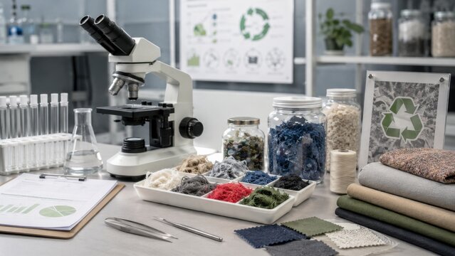 Exploring materials with a microscope at a research lab focused on recycling and sustainable textiles in a modern workspace during daylight hours