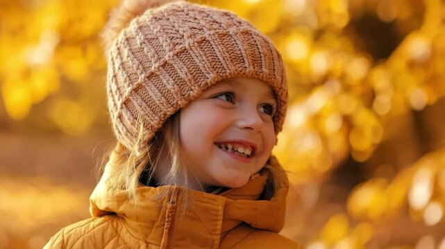 Smiling girl wearing a knit hat and yellow jacket enjoying the autumn season