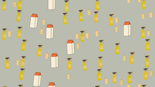 Seamless pattern of yellow spray bottles and cartons