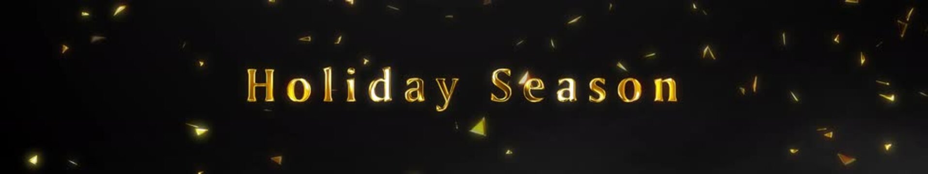 Ultrawide Holiday Season Golden Luxury Title with Falling Glitter Confetti on Black Background, Cinematic Christmas New Year 4K Motion Background