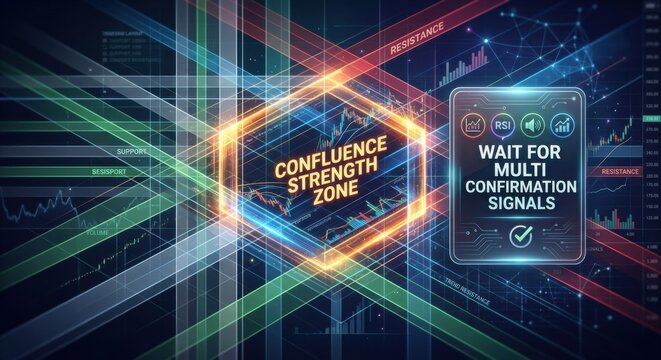 Financial trading confluence strength zone with resistance and market signals