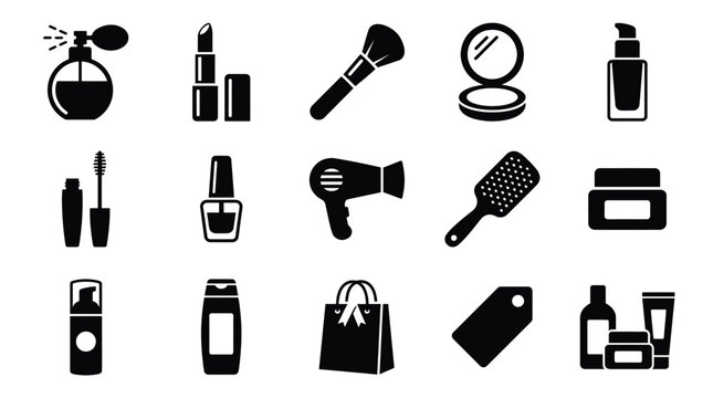 Collection of beauty and cosmetic icons featuring makeup tools, skincare bottles, hair accessories, and shopping items