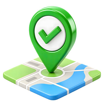 Green Location Pin with Checkmark on Map, 3D Navigation Confirmed Icon