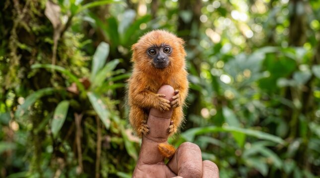 Close-up of a golden lion tamarin clinging to a human hand in the wild.