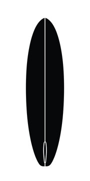 Minimalist surfboard silhouette top view featuring center stringer and single fin outline.