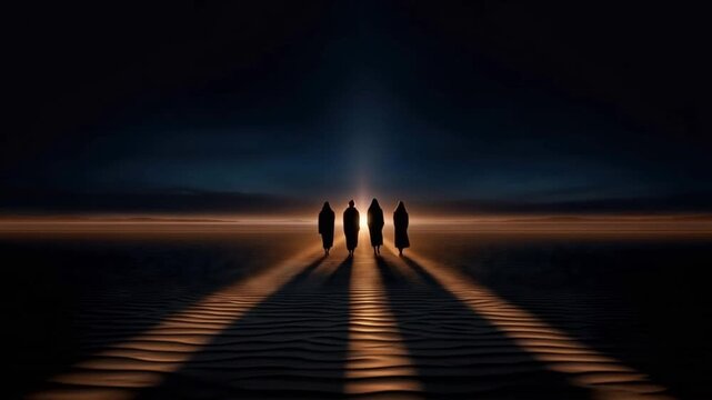 Four silhouetted figures walk towards a bright horizon, their long shadows stretching across a desolate landscape. ..Created with Generative AI, not depicting real subjects.