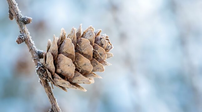 A single brown pine cone on a thin tree branch in winter with botanical