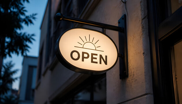Hanging Illuminated Open Sign with Rising Sun Logo Outside Shop