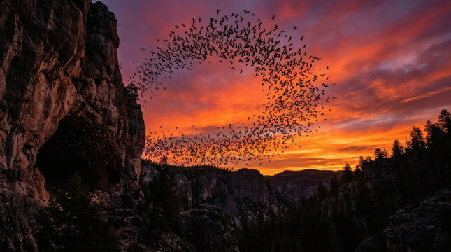 Massive Swarm of Bats Emerging from a Cave at Sunset in a Circular Formation over a Forested Valley