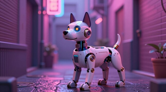 A futuristic robot dog stands in a neon-lit urban alleyway at night, combining technology with a playful design, showcasing a blend of innovation and charm.