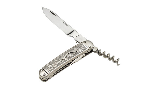 Classic metallic multifunction Swiss army pocket knife isolated on transparent background