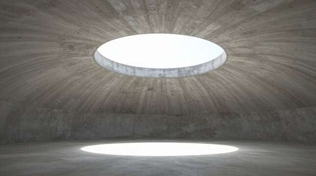A serene minimalist concrete space featuring a circular opening that lets in natural light. This modern design creates intriguing shadows and reflections.