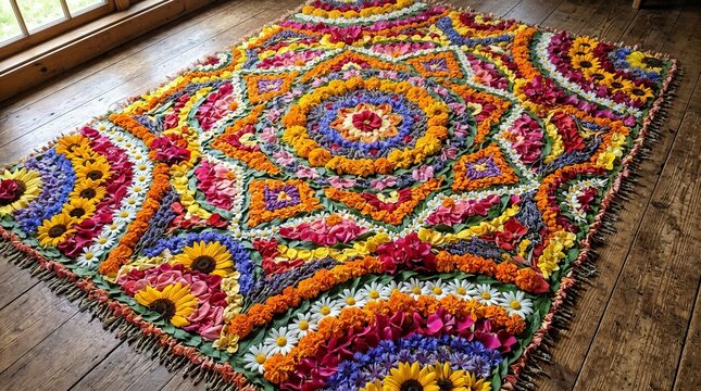Vibrant Handmade Hooked Rug with Geometric Floral Pattern on Wooden Floor.