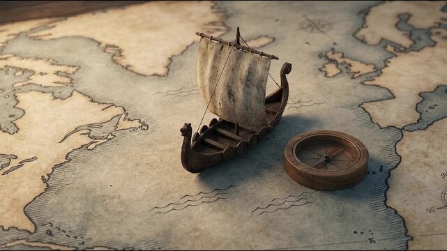 Viking Ship on Antique Map for Leif Erikson Day