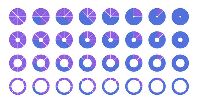 Infographic circle charts with division for 8 parts. Rounded icons with split for pieces different percentage. Circle diagram set for infographic with segments, vector illustration