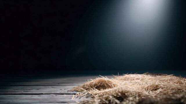 A stark, atmospheric spotlight illuminates a humble pile of straw resting on rustic wooden floorboards. ..Created with Generative AI, not depicting real subjects.