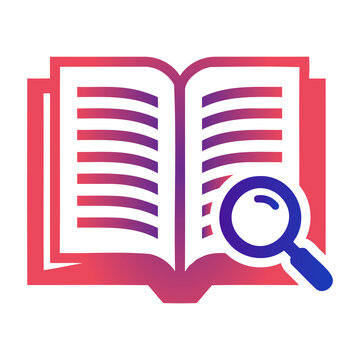 Book search icon with magnifier education research library documentation isolated transparent PNG