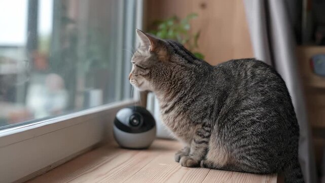 Tabby cat sitting near a smart home security camera on a wooden windowsill.