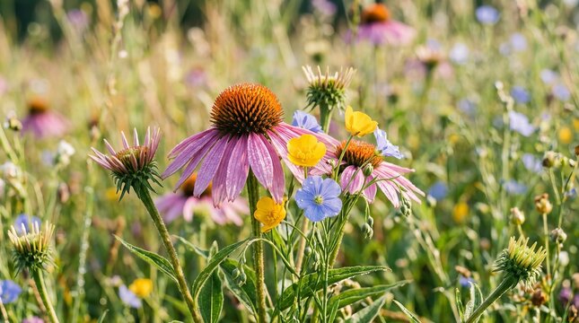 Vibrant purple coneflowers blooming in a sunny meadow of wildflowers.