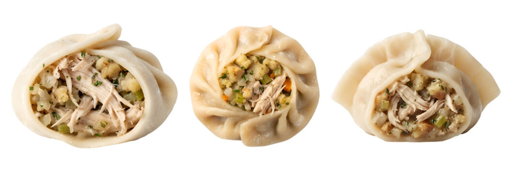 Three delicious steamed chicken dumplings filled with savory vegetables and herbs arranged in a row to highlight texture and culinary presentation style on transparent background