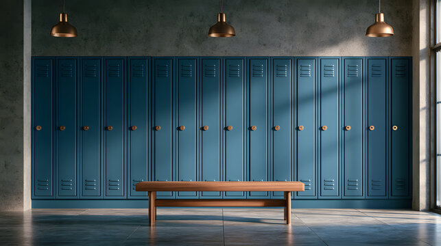 Modern blue metal lockers with a wooden bench in a contemporary industrial locker room setting, illuminated by sleek hanging pendant lights against a concrete wall interior architecture design photogr